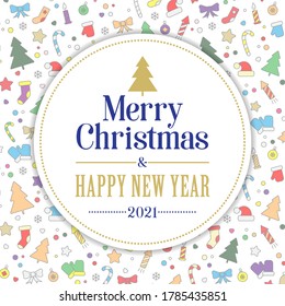 Merry Christmas and Happy New Year card. colorful icons and decor elements on a white background. 
