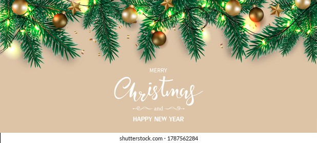 Merry Christmas and Happy New Year. Pine tree branches decorated with Christmas balls, star, sparkling light. Vector illustration.