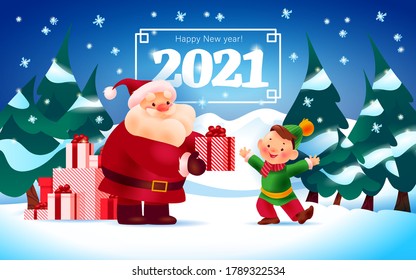 Merry Christmas and Happy new year 2021 illustration with Santa Claus give presents to little smiling boy on winter forest landscape. Congratulation  card, banner, poster design. Vector flat cartoon.
