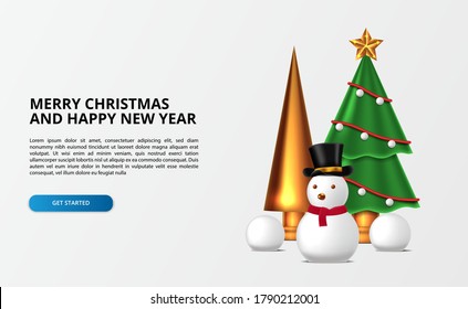 Merry christmas and happy new year. Snowman cute 3d with christmas tree with decoration and golden cone with snowball. landing page template