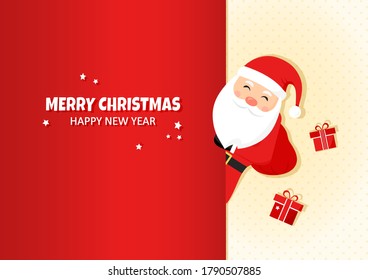 Merry Christmas, Happy New Year. Santa Claus greeting vector card, cute cartoon character, Santa with red hat and gift boxes, holiday winter illustration