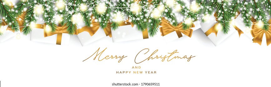 Merry Christmas and Happy New Year banner or header. Fir tree branches with sparkling lights garland covered in snow. Presents with golden decor. Winter season holiday design concept.