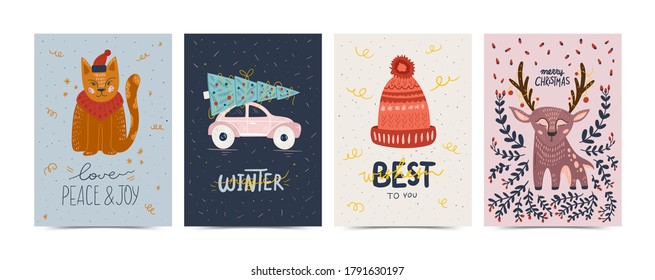 Merry Christmas and Happy New Year illustration. Trendy style. Vector design template. Design for poster, card, invitation, placard, brochure, flyer.