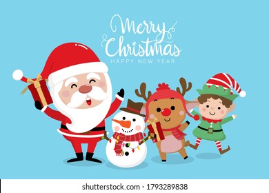 Merry Christmas and happy new year greeting card with Santa Claus, deer, snowman and little elf. Cute holiday cartoon character vector.