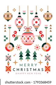 Merry Christmas and Happy New Year card design with colorful decorations and gifts on white in a symmetrical arrangement, colored vector illustration