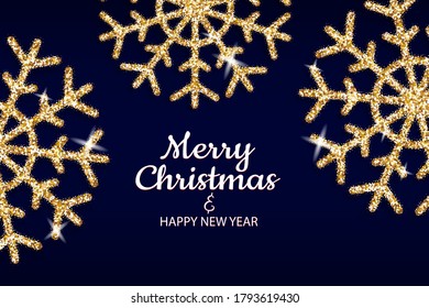 Merry Christmas and Happy New Year holiday invite poster. Golden snowflakes shimmer on dark background. Christmas confetti rich sparkle flyer. Elegant Xmas glitter effect.