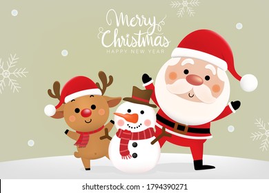 Feliz Navidad y feliz año nuevo 2021 tarjeta de saludo con el lindo Santa Claus, ciervo y muñeco de nieve. Caricatura de vacaciones en invierno. -Vector.