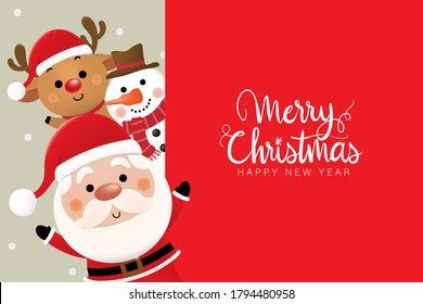 Merry Christmas and happy new year 2021 greeting card with cute Santa Claus, deer and snowman. Holiday cartoon character in winter season. -Vector.