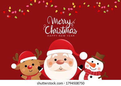 Merry Christmas and happy new year 2021 greeting card with cute Santa Claus, deer and snowman. Holiday cartoon character in winter season. -Vector.