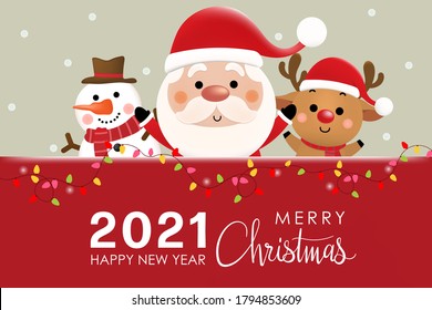 Merry Christmas and happy new year 2021 greeting card with cute Santa Claus, deer and snowman. Holiday cartoon character in winter season. -Vector.