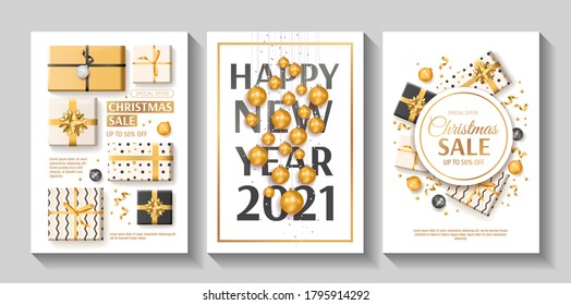 Merry Christmas and Happy New Year promo sale flyers. White, black and golden collors. Gift boxes, Christmas balls, ribbons. A4 vector illustration for poster, banner, discount, card, special offer.