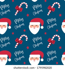 Merry Christmas and Happy New Year seamless pattern. Xmas wrapping paper, postcard. Vector illustration of Santa, candy cane, bow, text