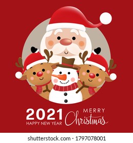 Merry Christmas and happy new year 2021 greeting card with cute Santa Claus, deer and snowman. Holiday cartoon character in winter season. -Vector.