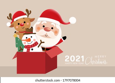 Merry Christmas and happy new year 2021 greeting card with cute Santa Claus, deer and snowman. Holiday cartoon character in winter season. -Vector.