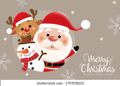 Feliz Navidad y feliz año nuevo 2021 tarjeta de saludo con el lindo Santa Claus, ciervo y muñeco de nieve. Caricatura de vacaciones en invierno. -Vector.