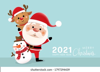 Merry Christmas and happy new year with cute Santa Claus, reindeer and snowman. Holidays cartoon character vector.