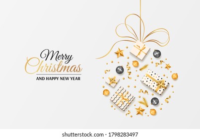 Merry Christmas and Happy New Year greeting card. White, black and golden collors. Gift boxes, Christmas balls, ribbons. Vector illustration for poster, banner, card, cover, postcard.