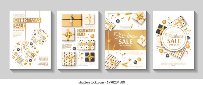 Merry Christmas and Happy New Year promo sale flyers. White, black and golden collors. Gift boxes, Christmas balls, ribbons. A4 vector illustration for poster, banner, discount, card, special offer.