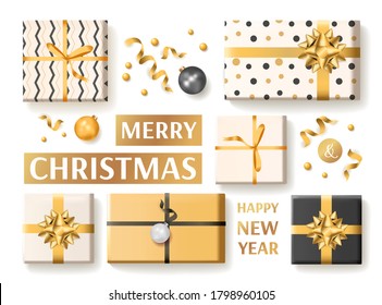 Merry Christmas and Happy New Year greeting card. White, black and golden collors. Gift boxes, Christmas balls, ribbons. Vector illustration for poster, banner, card, cover, postcard.