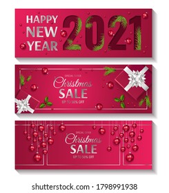 Merry Christmas and Happy New Year 2021 promo sale flyers. Red and silver collors. Christmas balls, christmas tree, gift box, holly. Vector illustration for poster, banner, discount, special offer.