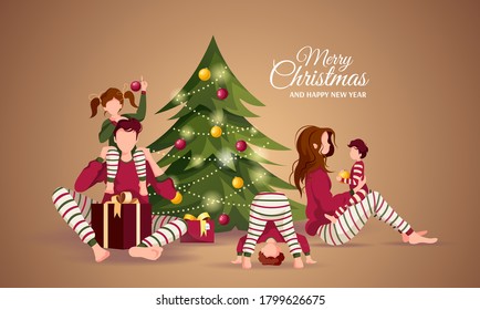 Merry Christmas and Happy New Year greeting card with family in similar clothes and christmas tree. Vector illustration for poster, banner, card, cover, postcard.