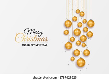 Merry Christmas and Happy New Year greeting card with Christmas balls. Black and golden collors. Vector illustration for poster, banner, card, cover, postcard.