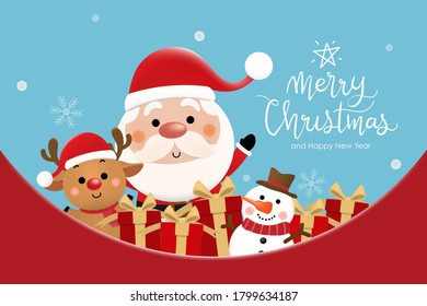 Feliz Navidad y feliz año nuevo con el lindo Santa Claus, reno y muñeco de nieve. Vector de personaje de caricatura de vacaciones.