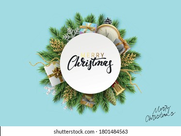 Merry Christmas and Happy New Year. Background Xmas decorative realistic objects. Holiday new year, gifts box by the green tree. Vector illustration.