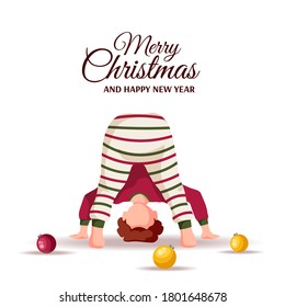 Merry Christmas and Happy New Year greeting card with baby boy standing upside down and christmas balls. Vector illustration for poster, banner, card, cover, postcard.