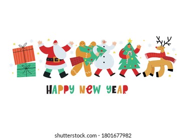 Merry Christmas and Happy New Year templates. Trendy flat style. Happy people in fancy dress  party - Christmas tree, Snowman, Snowman, Christmas cookie, Santa