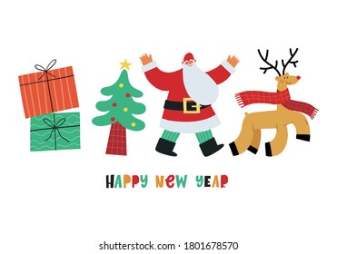 Merry Christmas and Happy New Year templates. Trendy flat style. Happy people in fancy dress Santa