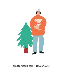 Merry Christmas and Happy New Year templates. Trendy flat style. Happy people decorate the Christmas tree