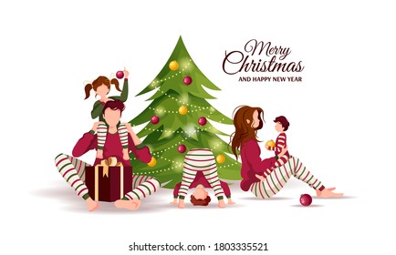 Merry Christmas and Happy New Year greeting card with family in similar clothes and christmas tree. Vector illustration for poster, banner, card, cover, postcard.