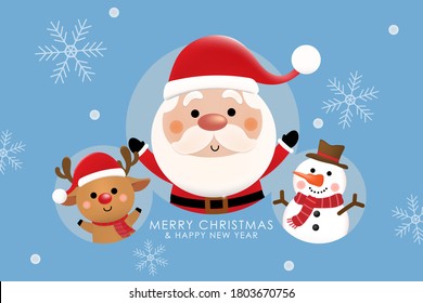 Feliz Navidad y feliz año nuevo 2021 tarjeta de saludo con el lindo Santa Claus, ciervo y muñeco de nieve. Caricatura de vacaciones en invierno. -Vector.