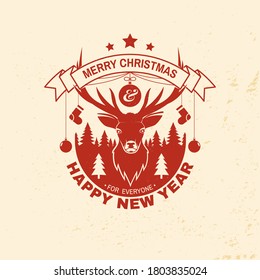 Merry Christmas and Happy New Year stamp, sticker set with elk, forest landscape, hanging christmas ball. Vector illustration. Vintage typography design for xmas, new year emblem in retro style.