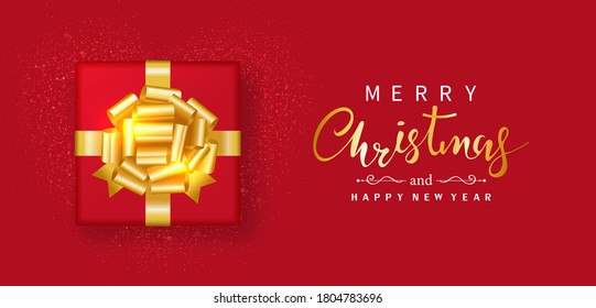 Merry Christmas and Happy New Year. Red gift box decor gold bow-ribbon, glitter golden isolated on red background. Top view. New year holiday. Vector illustration.