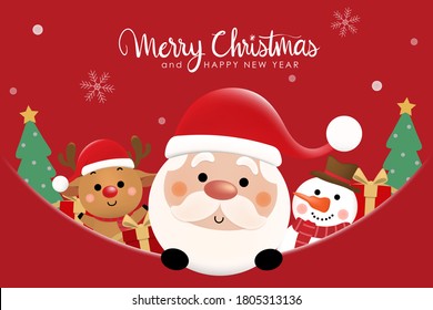 Merry Christmas and happy new year with cute Santa Claus, reindeer and snowman. Holidays cartoon character vector.