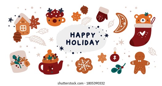 Merry Christmas and a happy new year! Set with festive design elements on a Christmas theme with cartoon elements. Holiday collection of gifts, decorations and cozy winter accessories