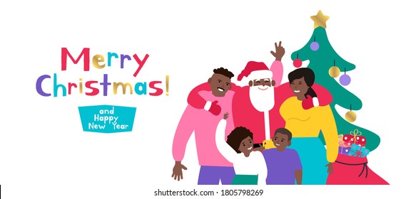 merry christmas and happy new year santa claus hugging with african american family 
