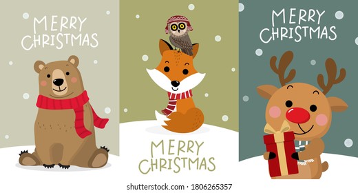 Merry Christmas and happy new year. The bear, fox, owl and deer wear red winter costume. Animal wildlife holidays cartoon character. -Vector