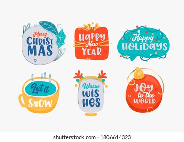 Merry Christmas and Happy New Year Icons Set, Holidays Season Greeting Labels Isolated on White Background. Decorative Festive Design Elements for Winter Xmas Seasonal Celebration Vector Illustration