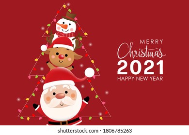Merry Christmas and happy new year with cute Santa Claus, reindeer and snowman. Holidays cartoon character vector.