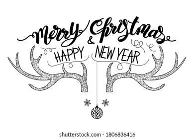 Merry Christmas and happy new year lettering with a dear horn. Christmas Greeting Card on white background. Vector illustration.