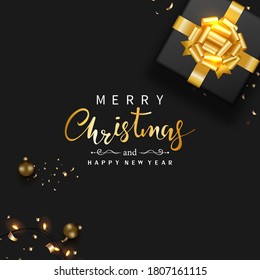 Merry Christmas and Happy New Year banner. Gift box decorated with gold bow- ribbon, Christmas balls, Golden confetti, Sparkling light. Black background luxury style. Top view. Vector illustration.