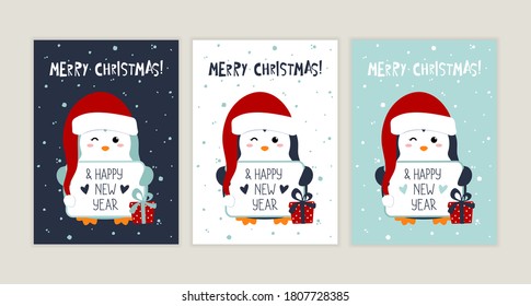 Merry Christmas and Happy New Year greeting card set with cute penguin, gift and hand drawn lettering