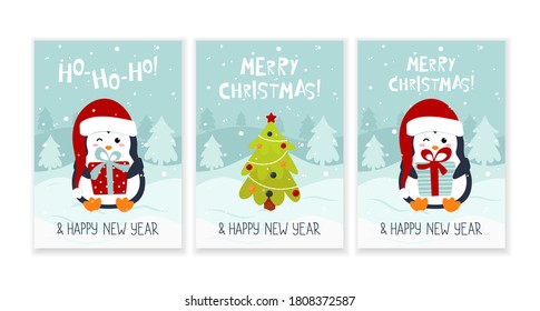 Merry Christmas and Happy New Year greeting card set. Xmas pine tree and penguin with gift box