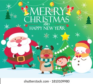 Merry Christmas! Happy new year. friend Santa claus, snowman, reindeer and elves for christmas, 
cartoon