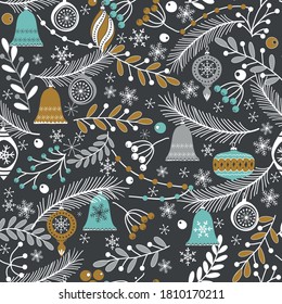 Merry Christmas, Happy New Year seamless pattern with toys,  holly leaves and berries for greeting cards, wrapping papers. Seamless winter pattern. Vector illustration.