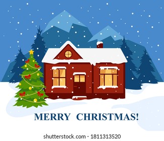 Merry Christmas or Happy New Year banner or greeting card. Winter house in forest near mountains and decorated christmas tree.  Vector illustration.