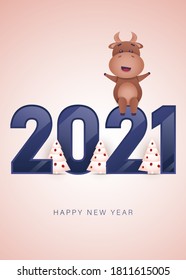 Merry christmas and happy new year 2021 greeting card with bull.